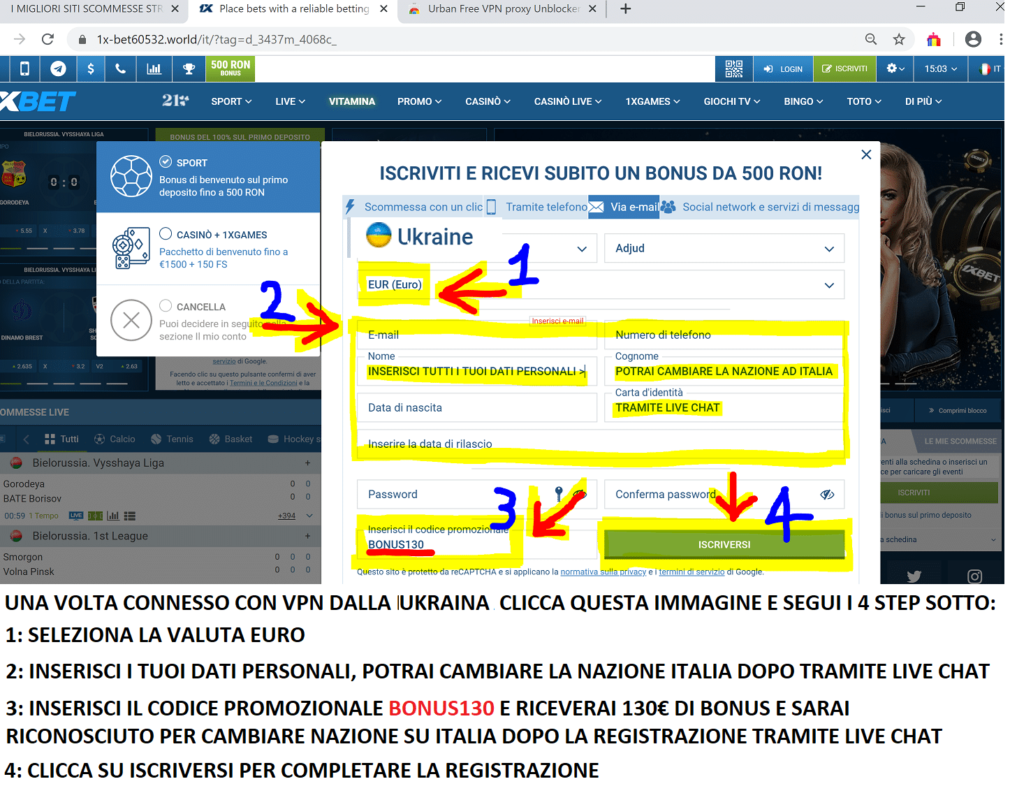 Registrazione 1xbet dall'Italia